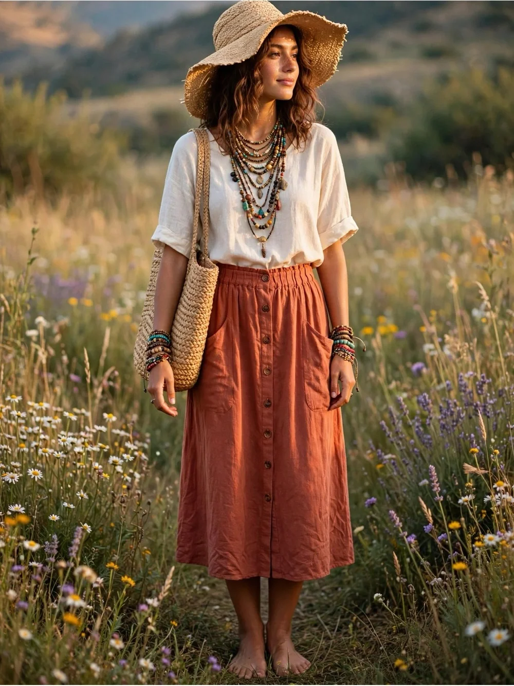 Adrianna Papell Boho Midi pockets ALine Linen Blend Medium 8 10 Rust terracotta